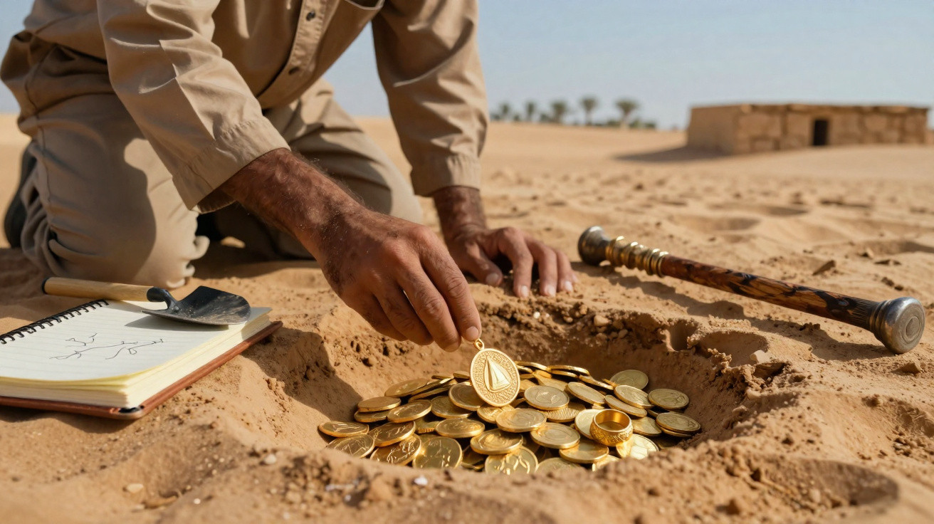 Pessoa desenterrando moedas douradas e um anel no deserto, ao lado de caderno, pá pequena e bastão.