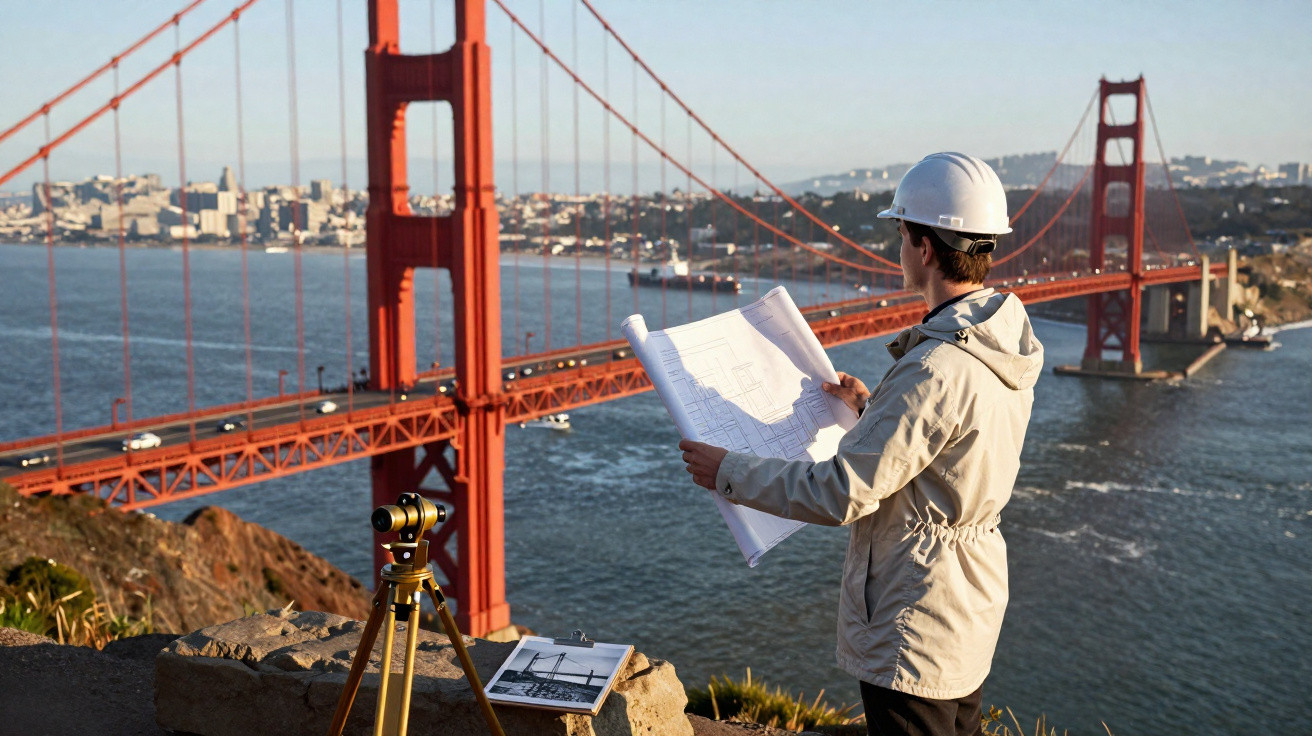 Engenheiro com capacete e planta em mãos inspeciona a ponte Golden Gate ao fundo em dia ensolarado.