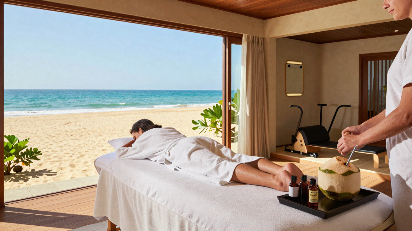 Mulher recebendo massagem em spa à beira da praia com vista para o mar e melancia na bandeja.