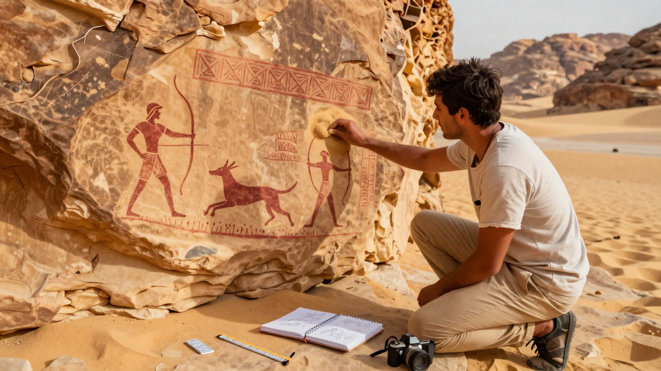 Homem estudando pinturas rupestres em pedra no deserto, com caderno e câmera ao lado.