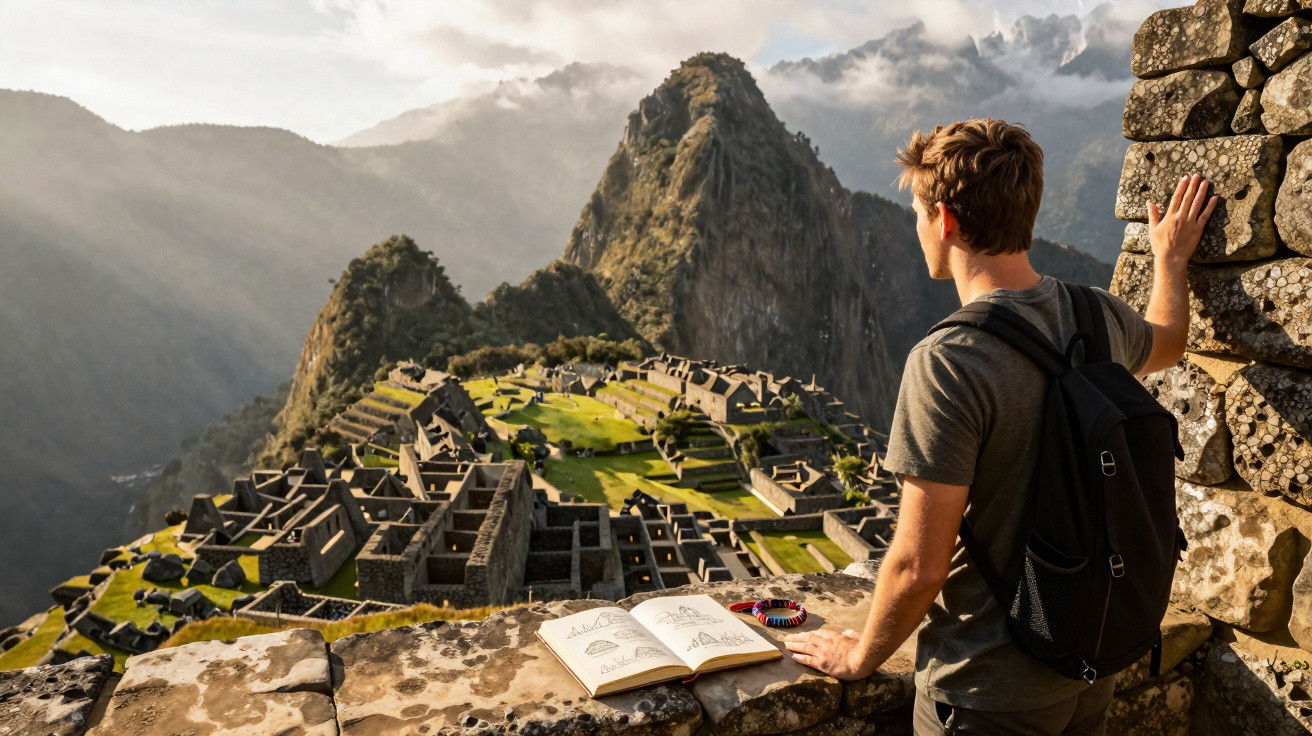Turista com mochila observa a paisagem da antiga cidade de Machu Picchu sob luz do sol.