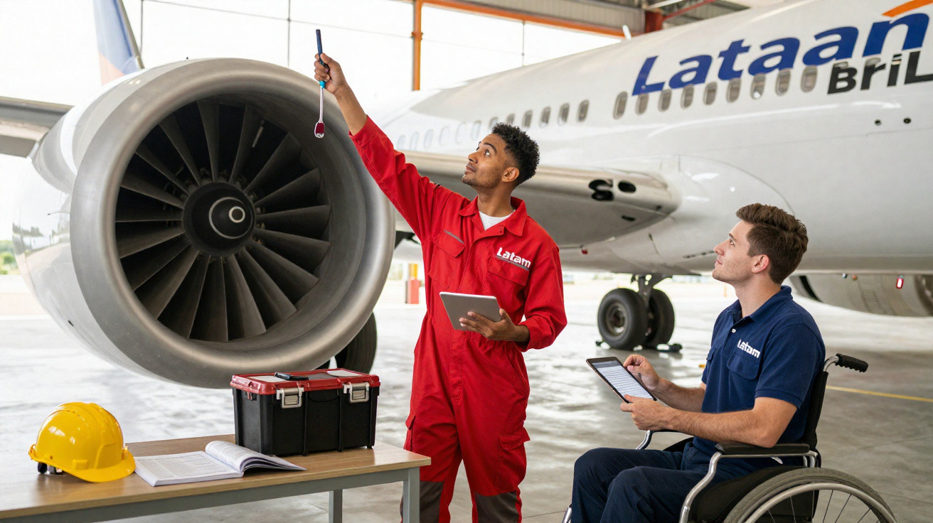 Dois mecânicos da Latam inspecionam motor de avião em hangar, um em pé e outro em cadeira de rodas usando tablets.