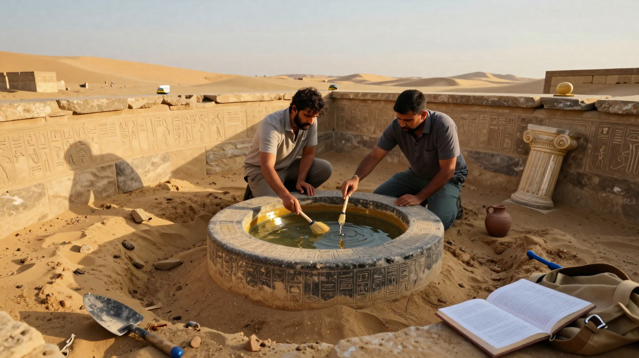 Dois arqueólogos limpam um reservatório antigo no deserto, rodeado por paredes com hieróglifos egípcios.