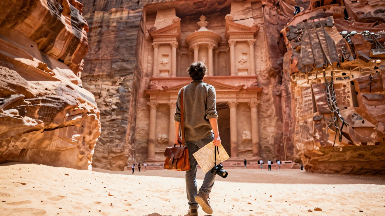 Pessoa caminhando com câmera e mapa em direção à fachada monumental esculpida em rocha em Petra, Jordânia.
