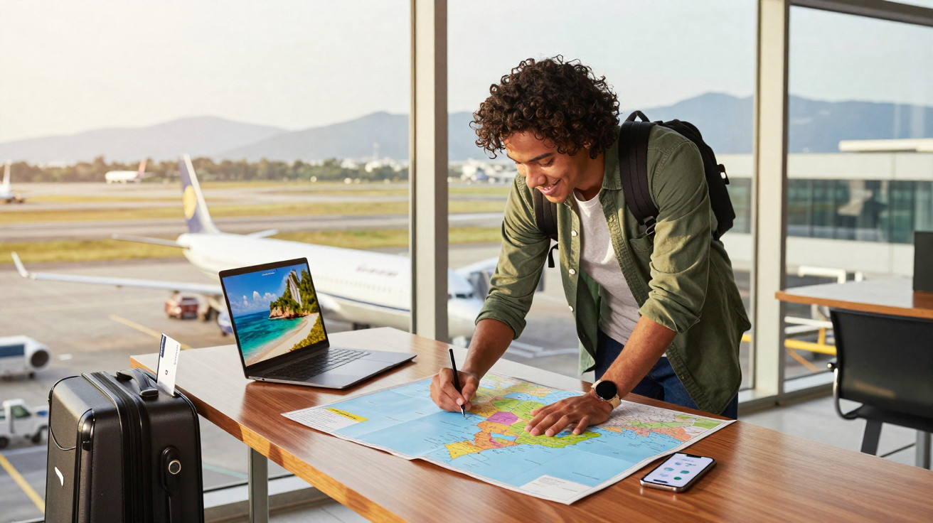 Jovem planeja viagem com mapa na mesa do aeroporto, com laptop e mala ao lado.