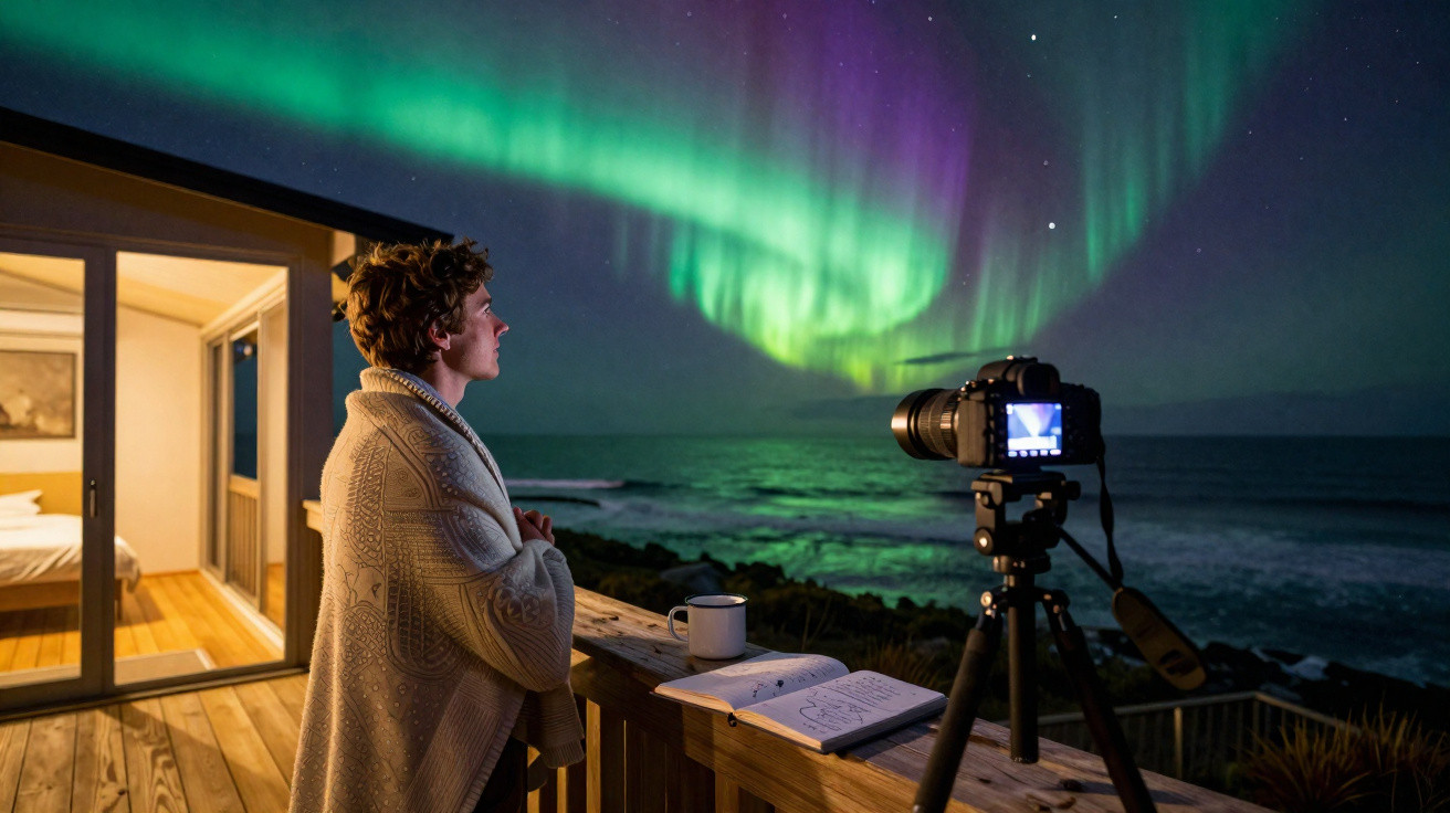 Pessoa coberta com manta observa aurora boreal na varanda de casa perto do mar, ao lado de câmera em tripé.