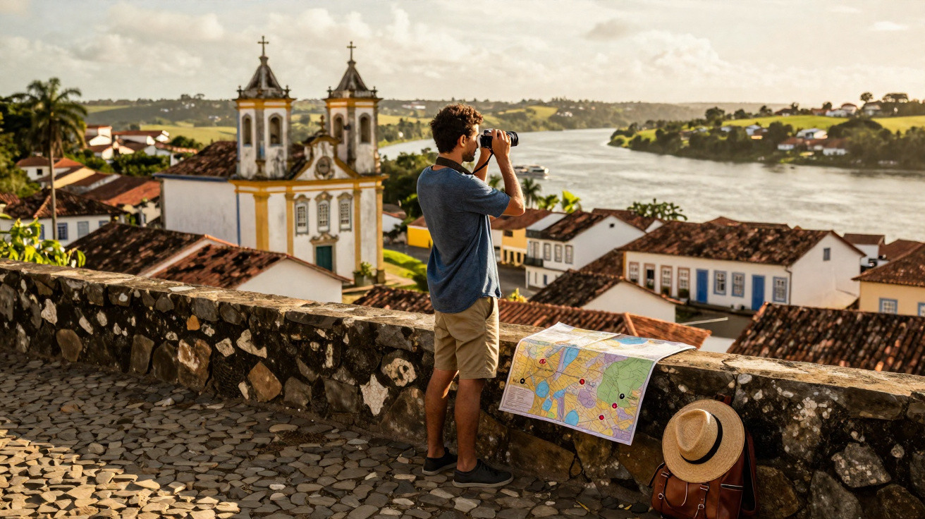 Turista com binóculos observa cidade histórica com igreja barroca e rio ao fundo em dia ensolarado.