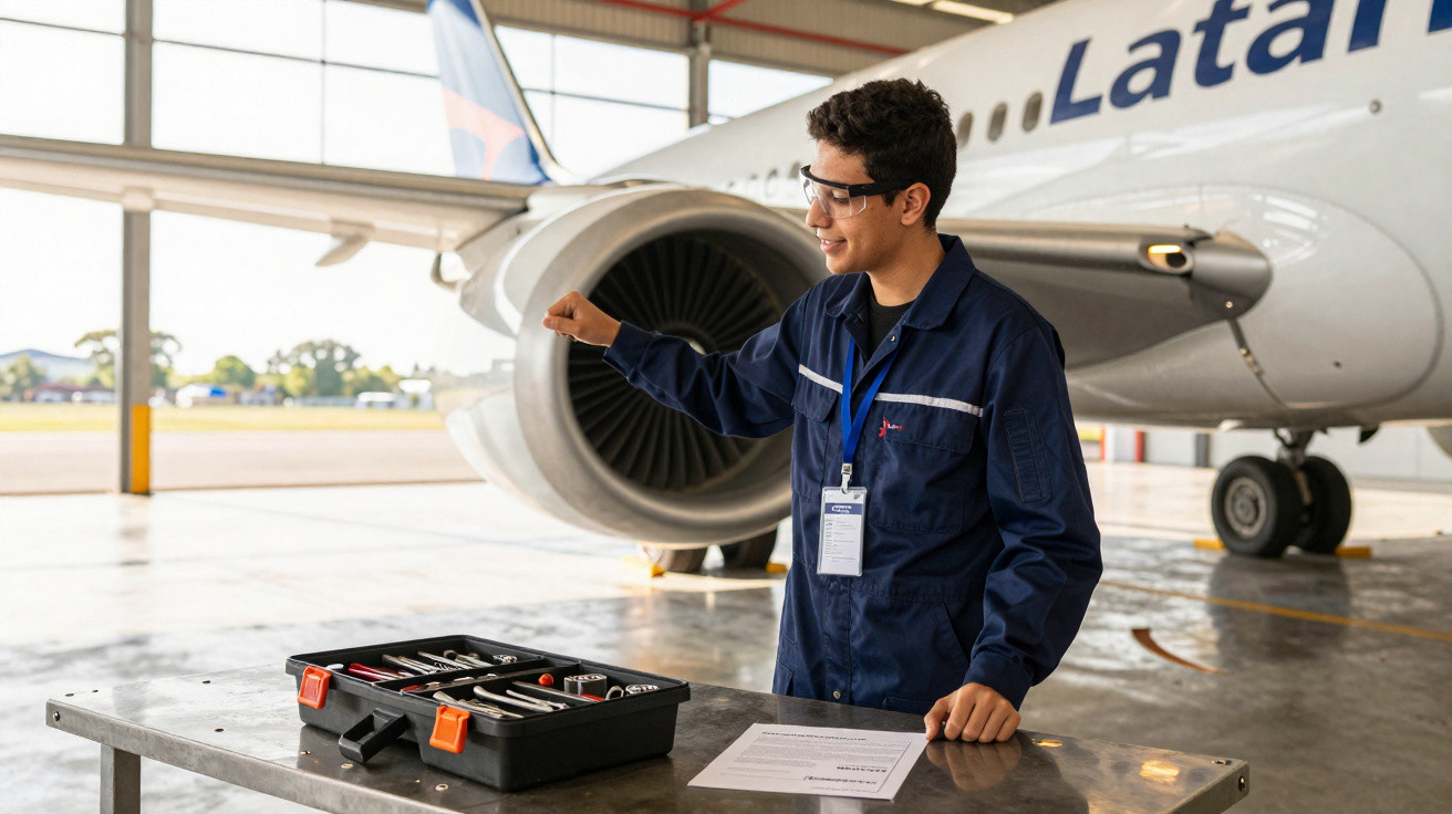 Técnico com óculos de proteção revisa documentos ao lado de avião da Latam em hangar, com maleta de ferramentas na mesa.