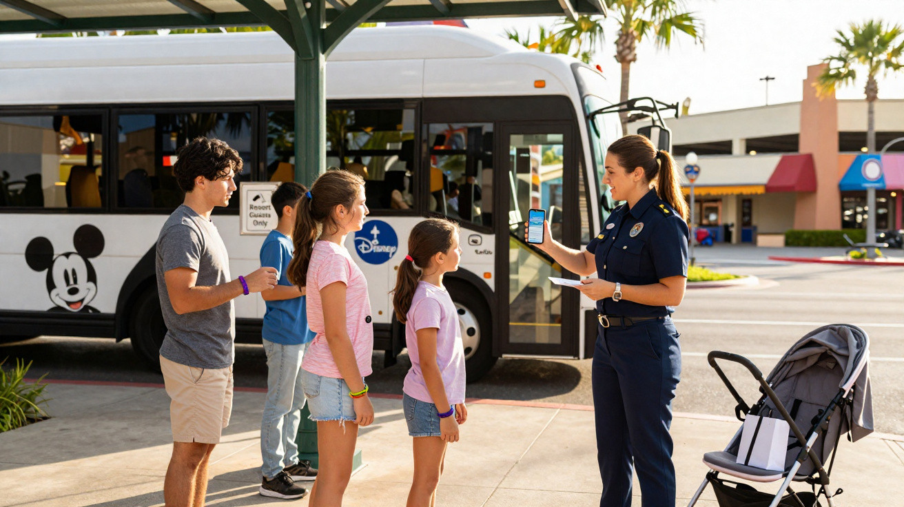 Funcionária de segurança mostra celular para grupo de crianças em ponto de ônibus da Disney.