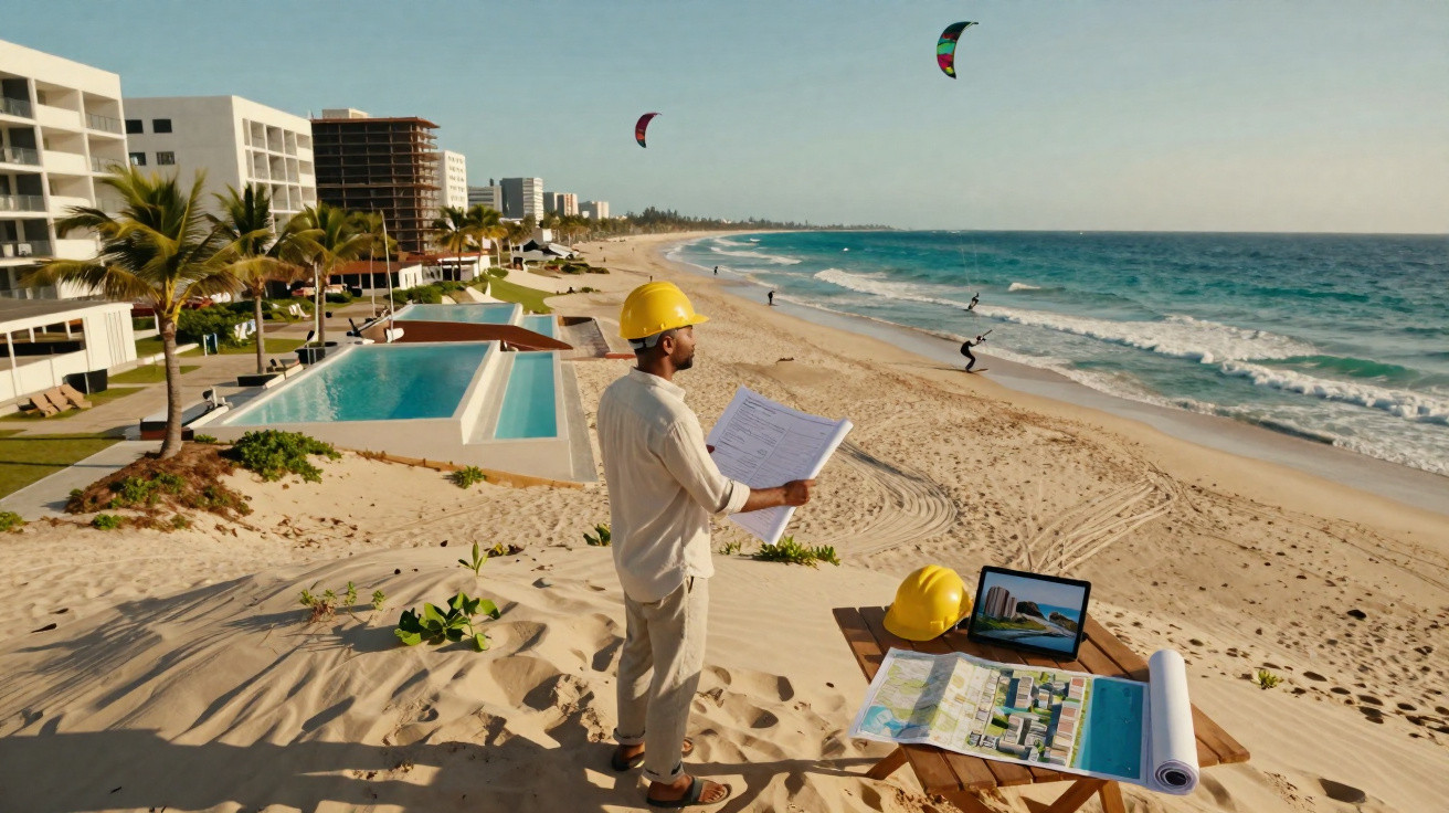 Engenheiro com capacete observa projetos em praia com prédios, kitesurf e piscina ao fundo.