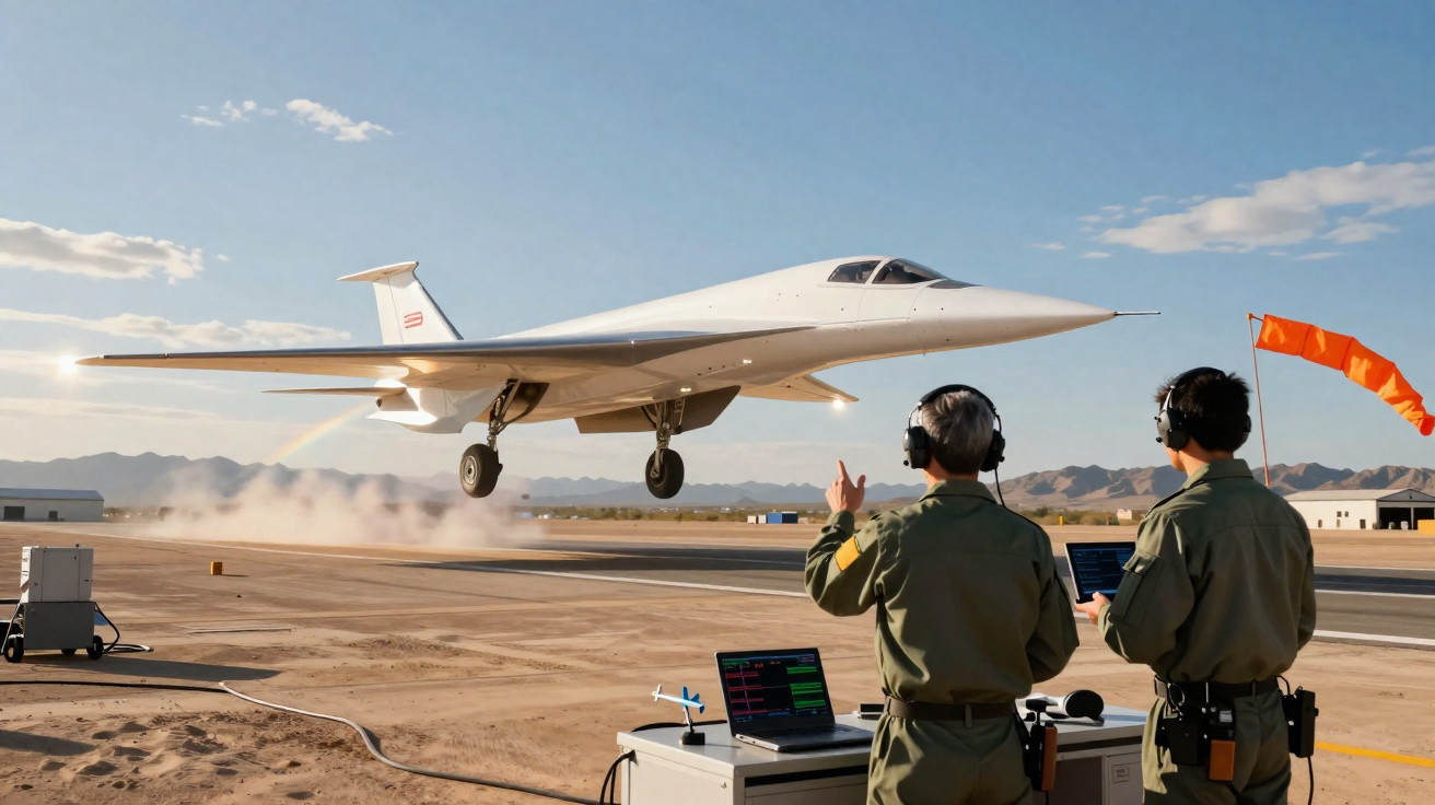 Avião branco futurista decolando com dois técnicos observando em pista desértica ao entardecer.