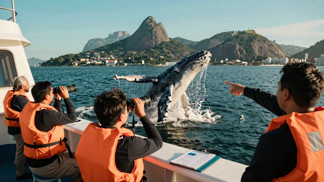Turistas de colete laranja observam e fotografam baleia saltando próximo ao Pão de Açúcar no Rio de Janeiro.