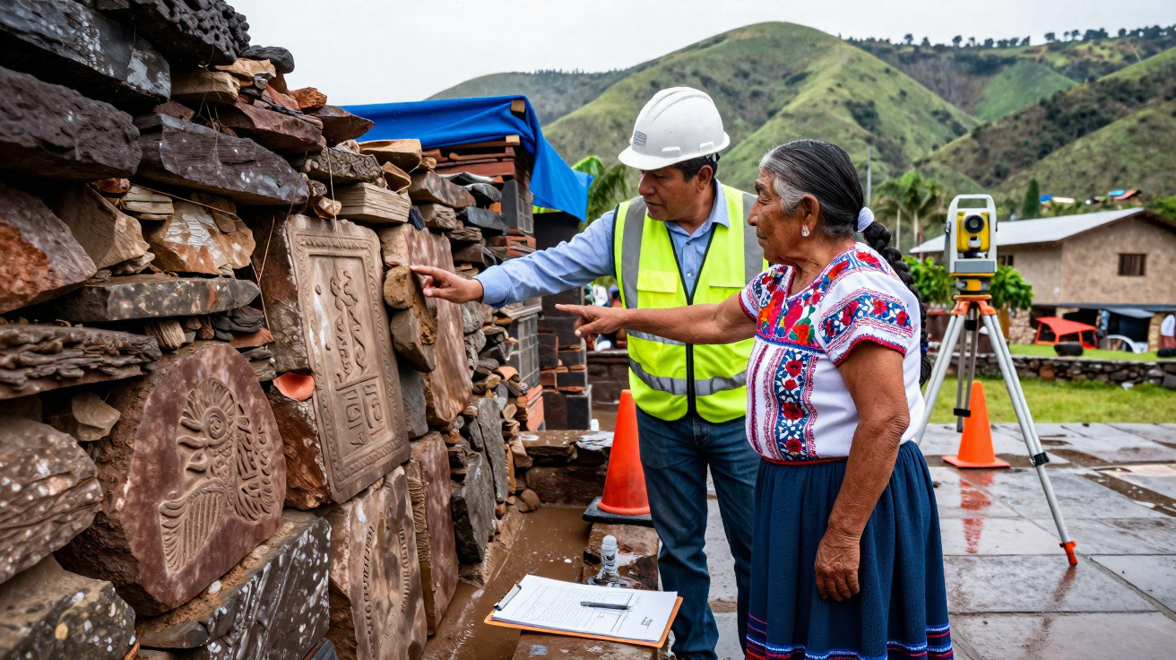 Homem com capacete e mulher em roupas tradicionais observam pedras esculpidas em sítio arqueológico ao ar livre.