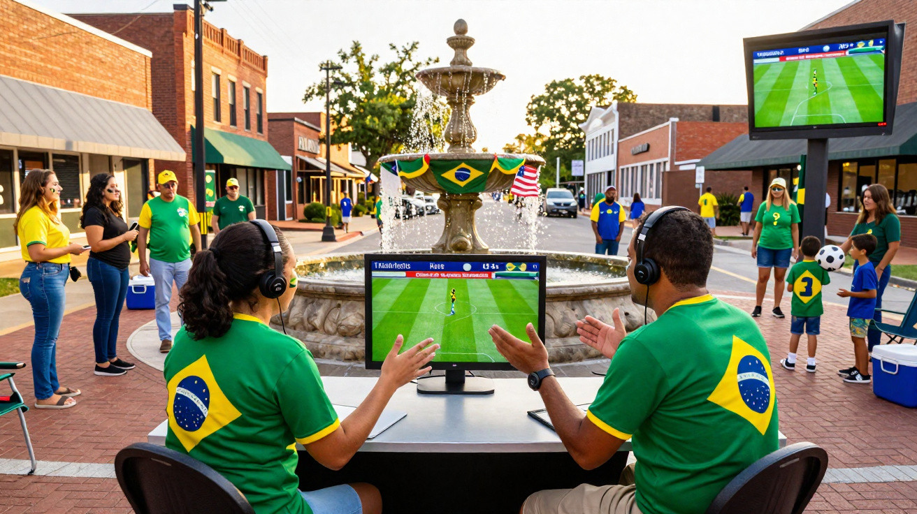 Pessoas vestindo camisas do Brasil assistem e interagem com jogo de futebol em tela na praça pública.