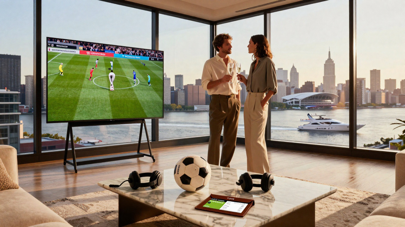 Casal em sala moderna com TV ligada em jogo de futebol, bola, fones e tablet na mesa, vista para cidade ao fundo.