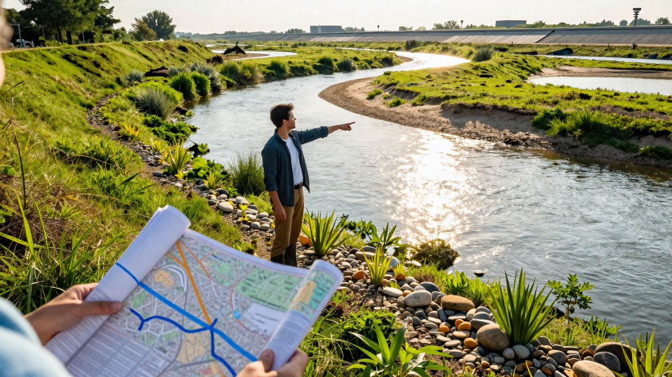 Pessoa segurando um mapa e outra apontando para um rio sinuoso em ambiente com vegetação e pedras.