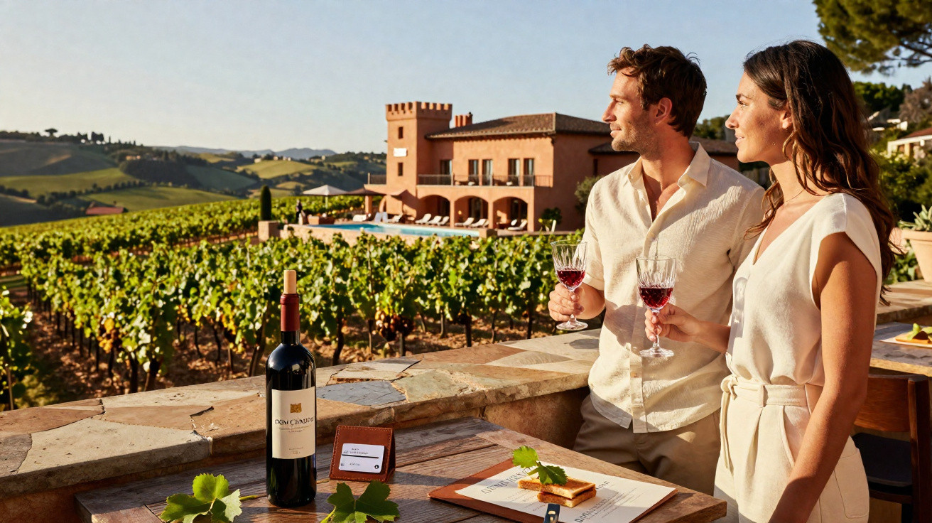 Casal segurando taças de vinho tinto em vinícola com mesa, garrafa de vinho e paisagem ao fundo.