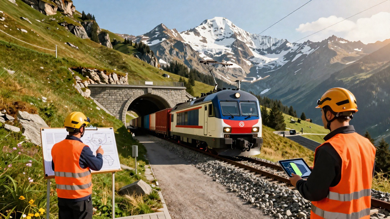 Dois trabalhadores com coletes laranja e capacetes observam trem saindo de túnel em área montanhosa com neve.
