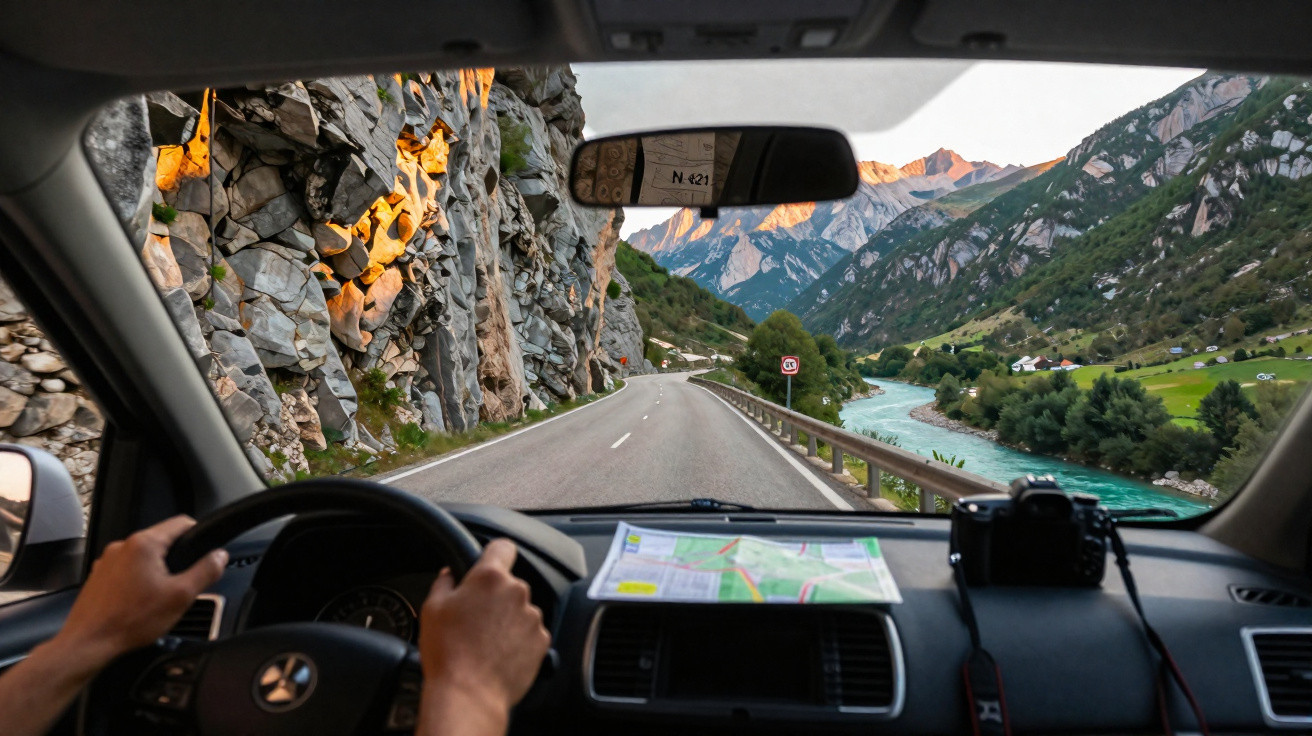 Pessoa dirigindo em estrada de montanha ao lado de rio, com mapa e câmera no painel do carro.
