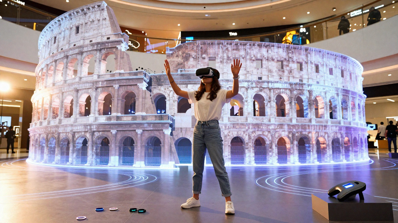 Pessoa usando óculos de realidade virtual interagindo com projeção digital do Coliseu em ambiente fechado.