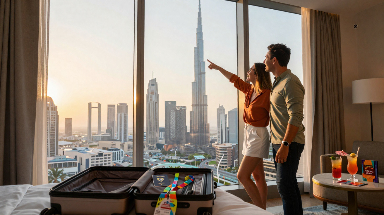 Casal observa arranha-céus de Dubai, incluindo Burj Khalifa, de janela ampla de quarto de hotel.