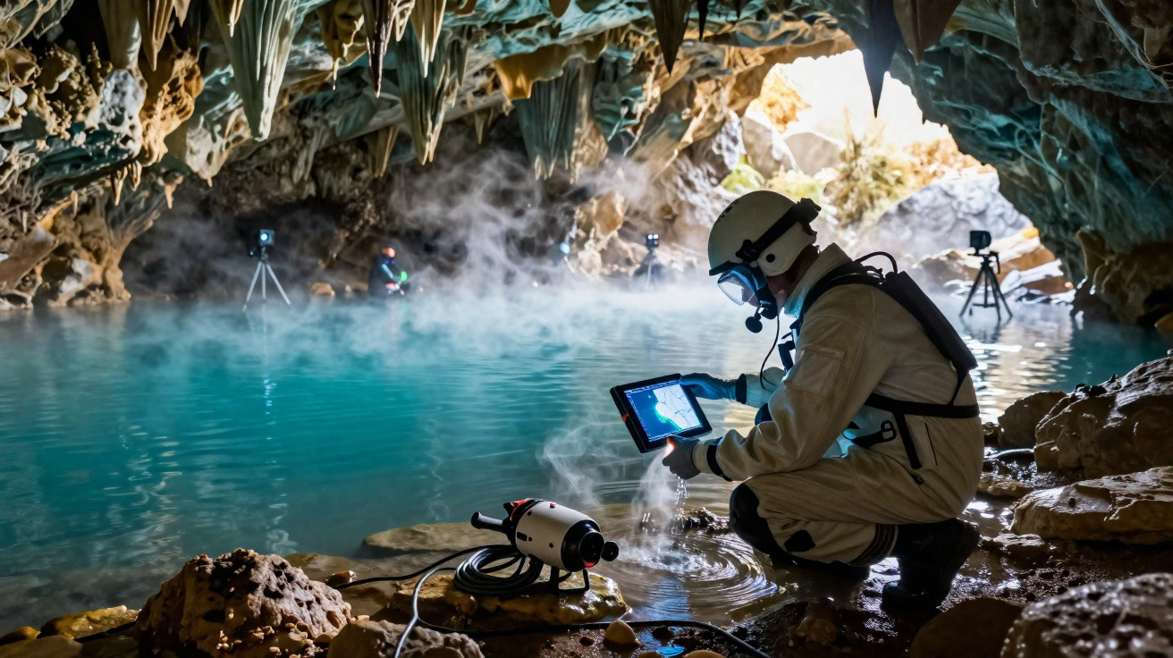 Explorador com traje especial usa tablet dentro de caverna úmida com lago e estalactites ao fundo.