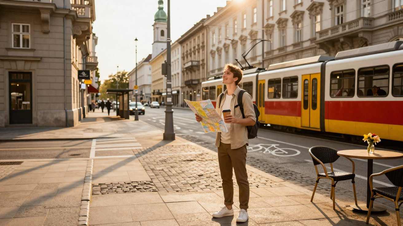 Jovem turista com mochila consulta mapa na calçada de rua urbana com bonde amarelo ao fundo.