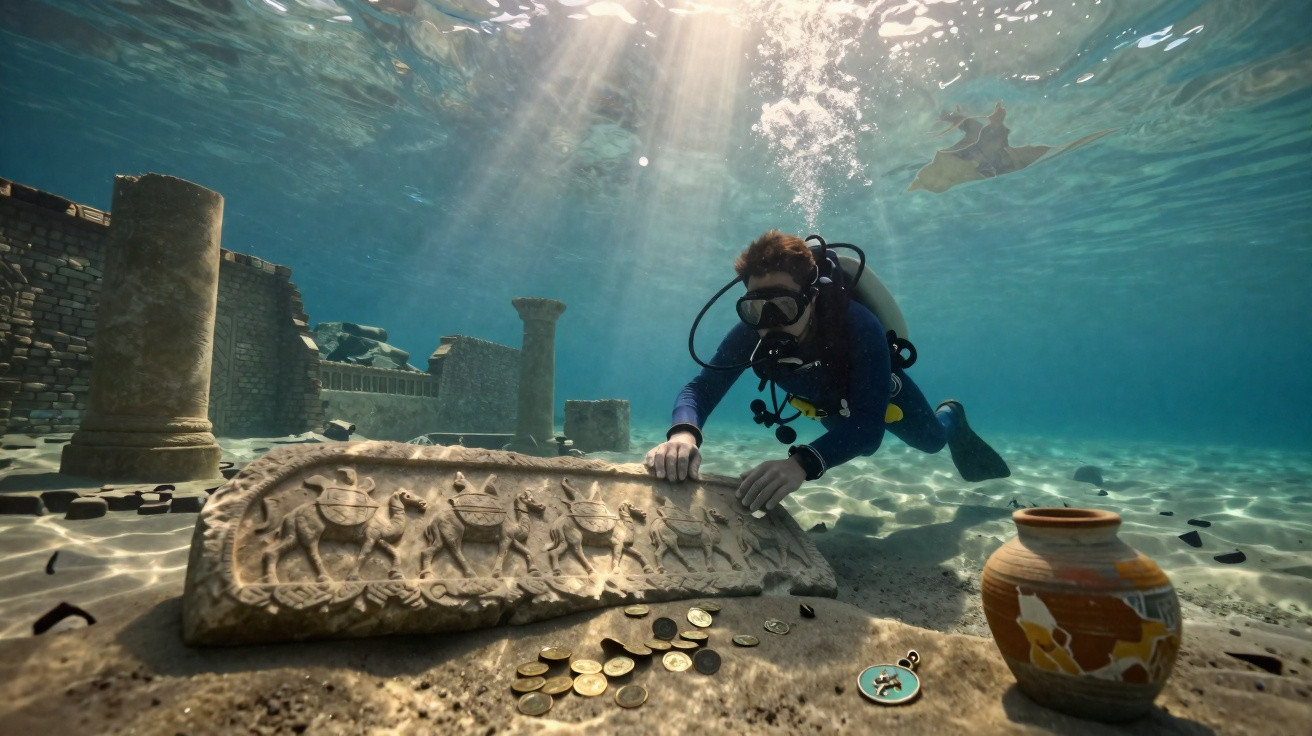 Mergulhador examinando ruínas subaquáticas antigas com moedas, vaso e pedra entalhada no fundo do mar.