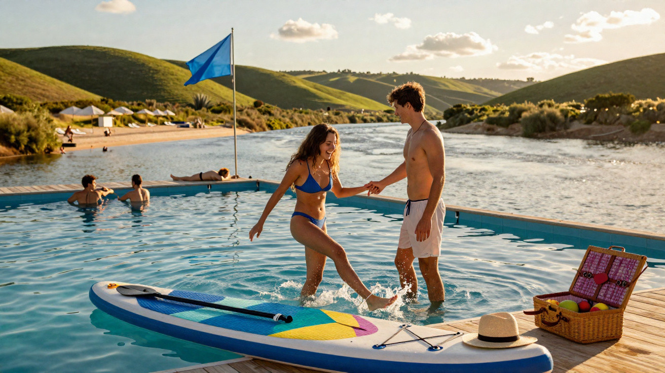Casal jovem brinca em piscina com prancha de stand up paddle, ao lado de rio e colinas ao pôr do sol.
