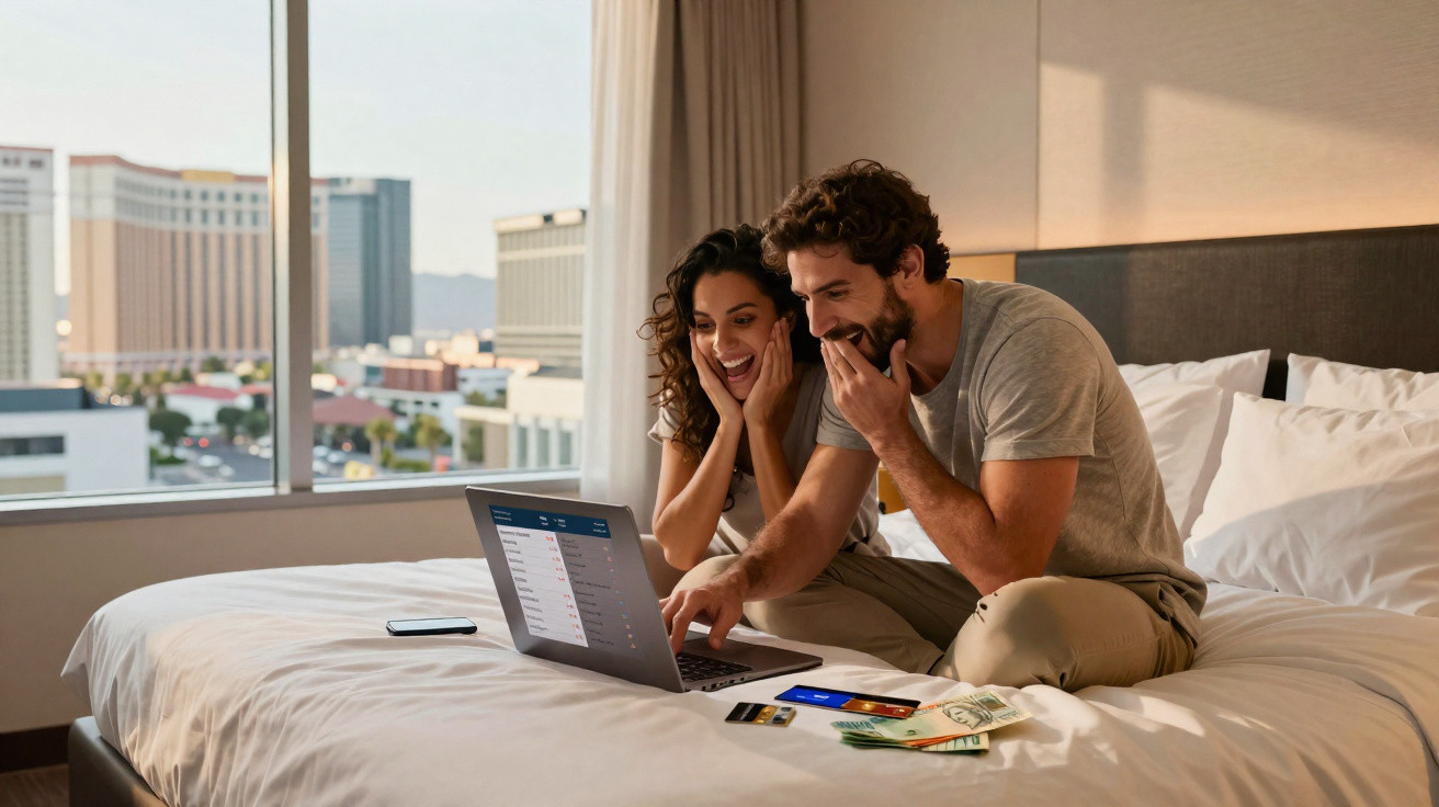Casal feliz sentado na cama de hotel usando laptop com dinheiro e cartão de crédito ao lado.
