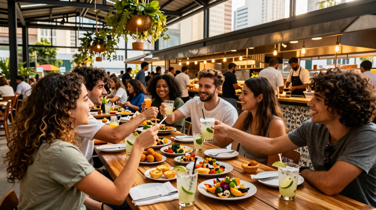 Grupo de amigos brindando em restaurante ao ar livre com pratos variados sobre a mesa.