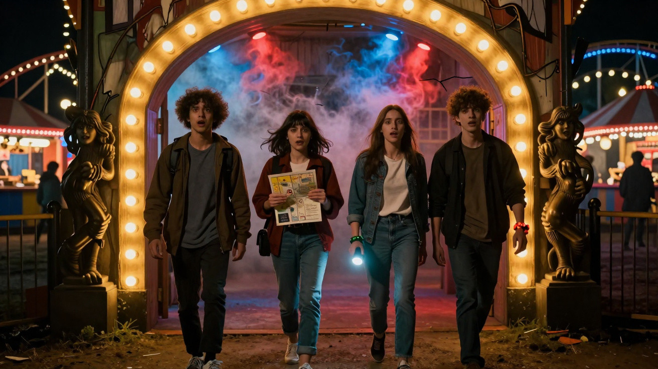 Quatro jovens caminhando em parque de diversões iluminado com névoa colorida ao fundo.