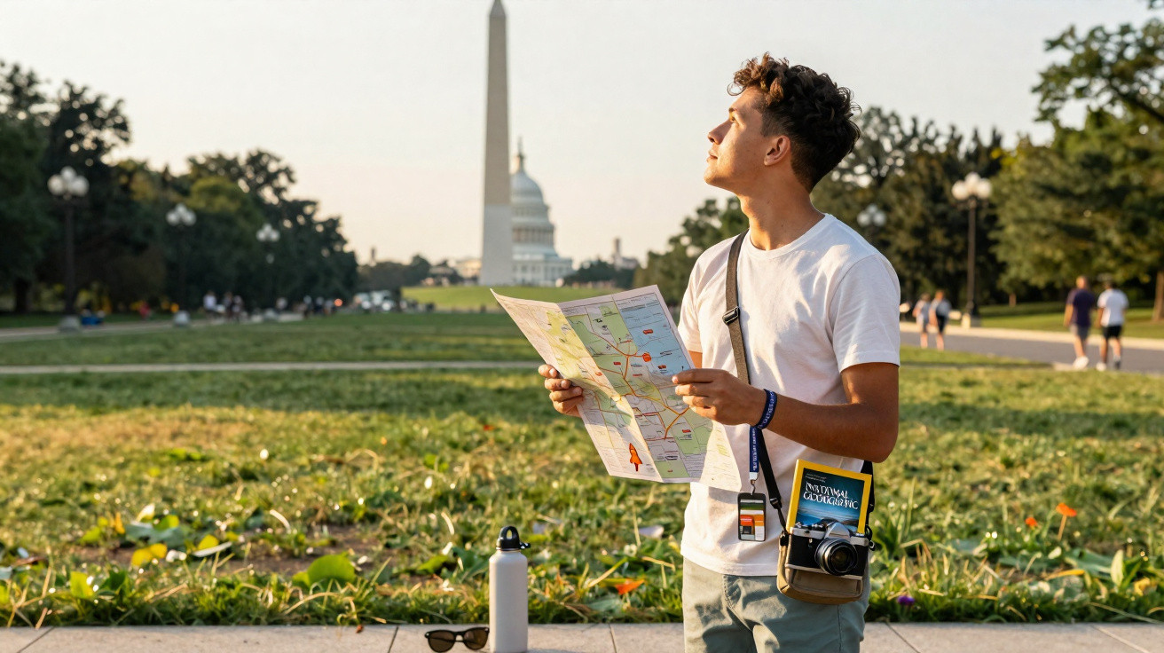 Homem jovem com mapa e câmera em parque em Washington, DC, com Monumento a Washington ao fundo.