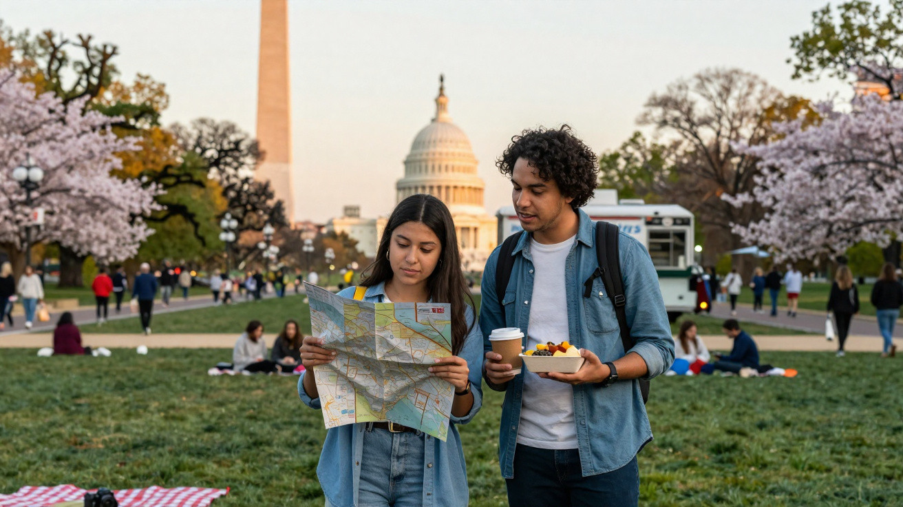 Jovem casal consultando mapa ao ar livre com o Capitólio e monumento de Washington ao fundo.
