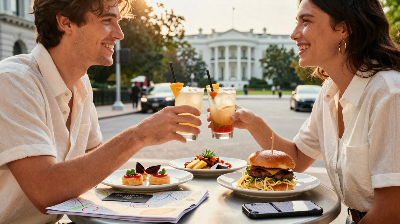 Casal brindando com drinks ao ar livre, com pratos de comida e a Casa Branca ao fundo.