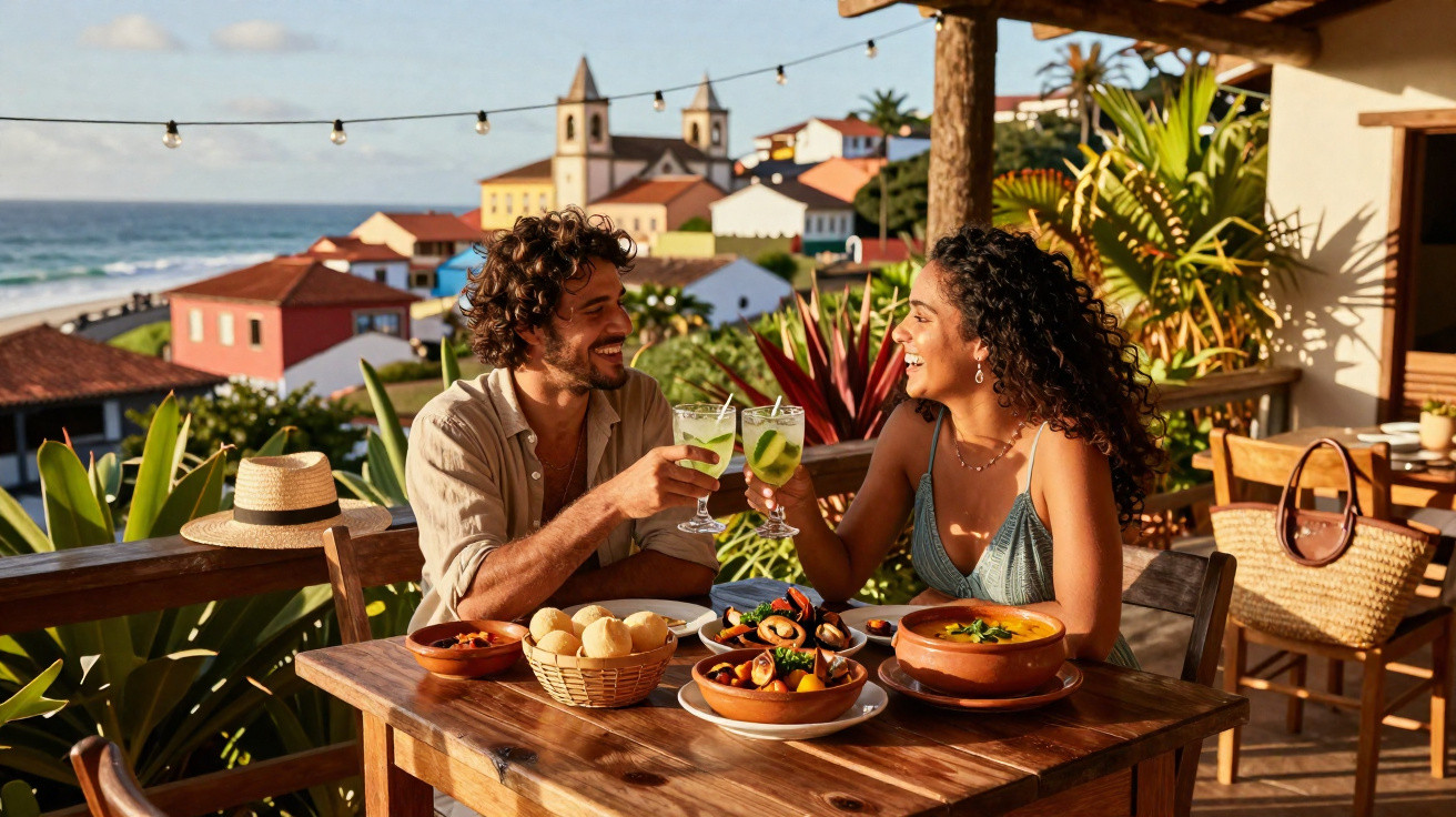 Casal sorrindo e brindando com drinks em mesa de madeira ao ar livre, com vista para casas coloridas e o mar ao fundo.