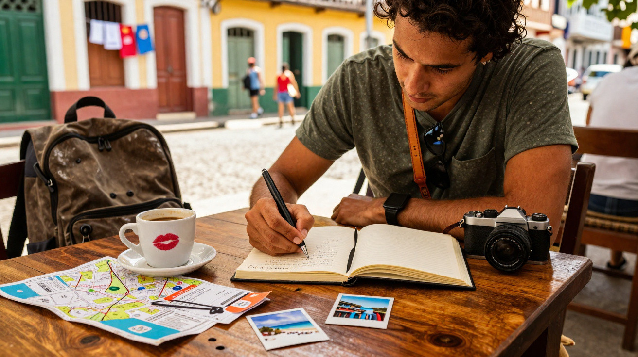 Jovem escreve em caderno numa mesa com câmera, mapa, fotos e xícara de café em café ao ar livre.