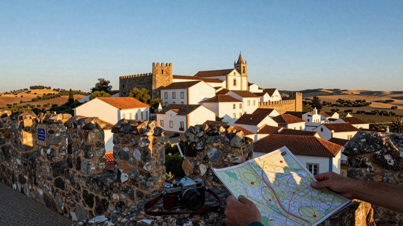 Homem segurando mapa em muro de pedra com vista para vila histórica ao pôr do sol.