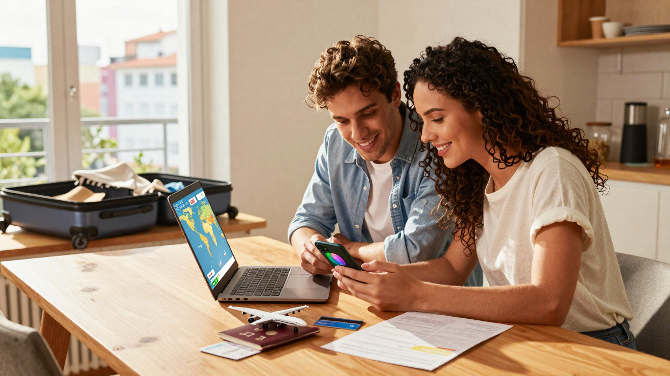 Casal jovem planejando viagem com laptop aberto, passaporte e documentos sobre a mesa na cozinha.