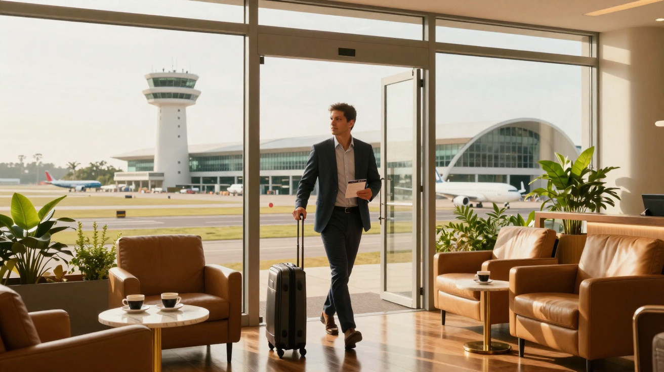 Homem de terno puxando mala, entrando em sala de espera de aeroporto com vista para pista e torre de controle.