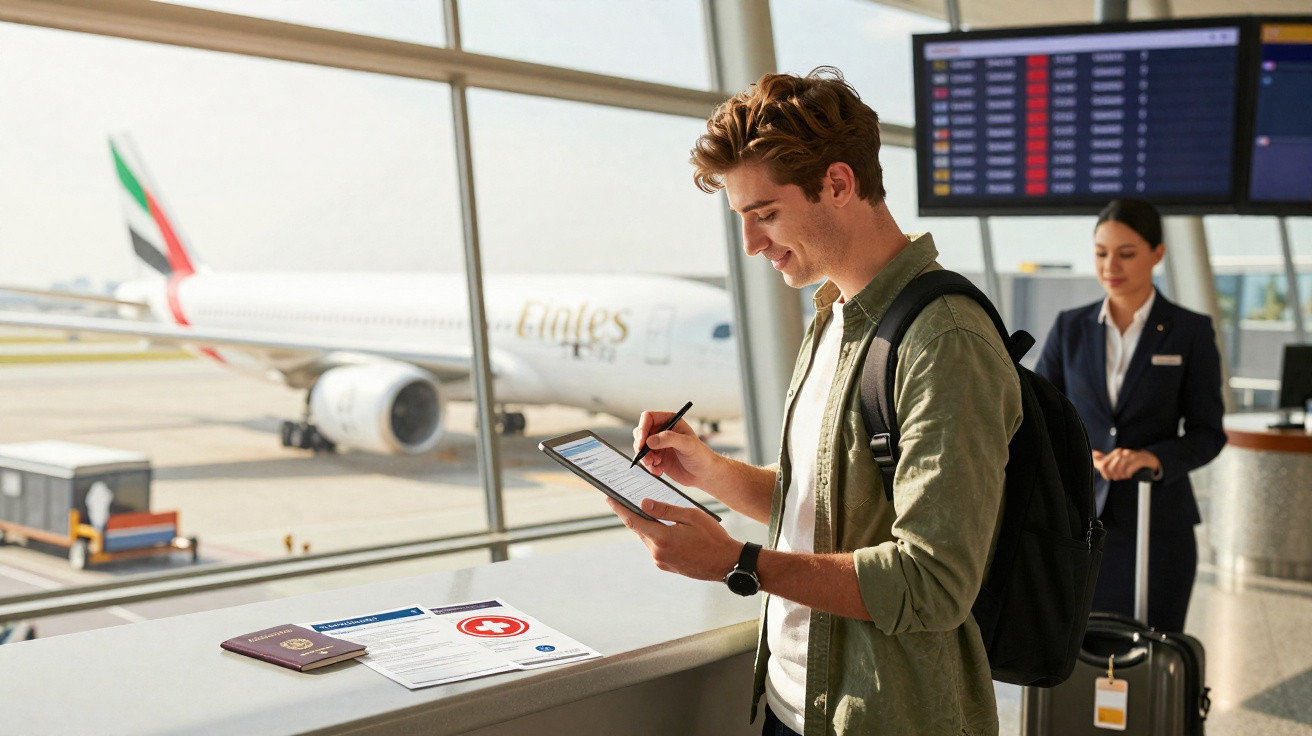 Homem em aeroporto preenchendo formulário digital com avião ao fundo e atendente próximo a mala.