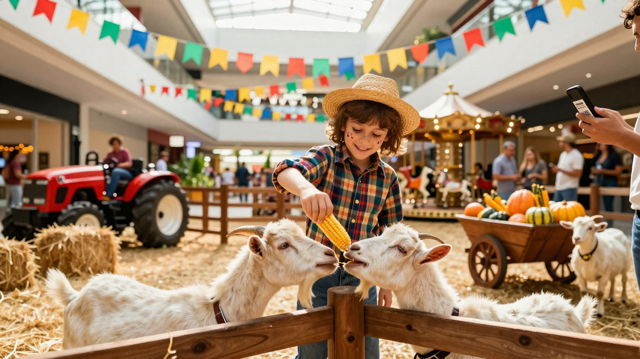 Menino com chapéu alimenta cabras com espiga de milho em ambiente decorado com bandeirinhas coloridas.