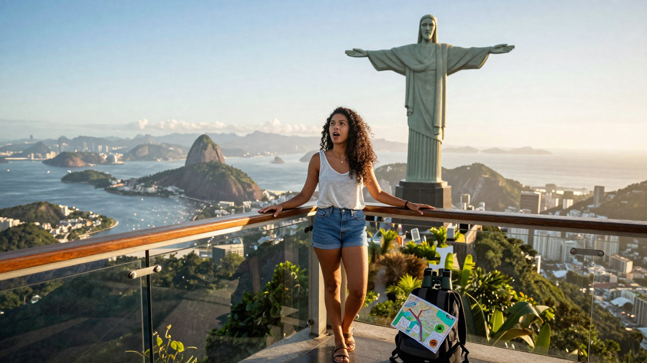 Mulher jovem admirando a vista no Cristo Redentor com Pão de Açúcar ao fundo no Rio de Janeiro.