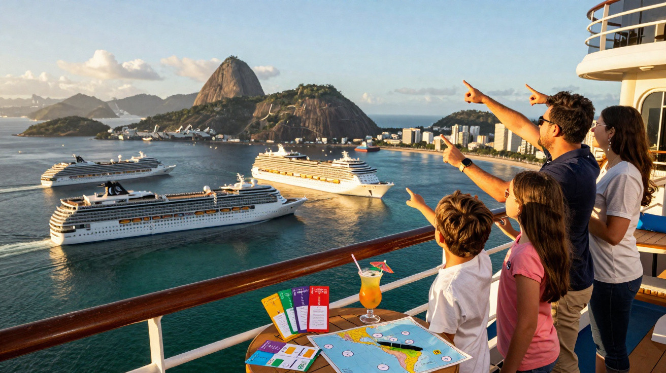Família observando navios de cruzeiro no porto com o Pão de Açúcar ao fundo, Rio de Janeiro.