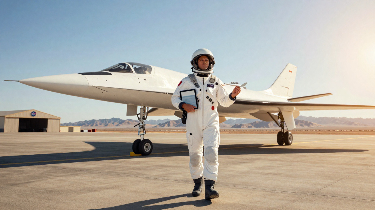 Astronauta segura tablet e modelo de avião espacial ao lado de jato branco em pista deserta.