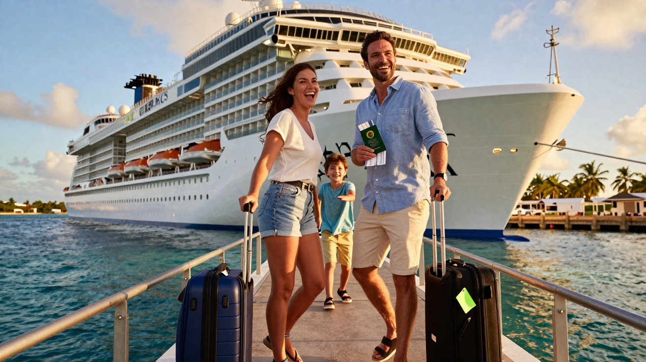 Família feliz com malas na doca embarcando em um cruzeiro em navio próximo ao mar e céu azul.