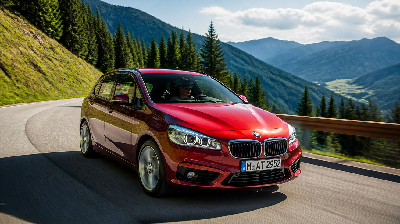 Carro vermelho BMW em estrada sinuosa com montanhas e pinheiros ao fundo em dia ensolarado.