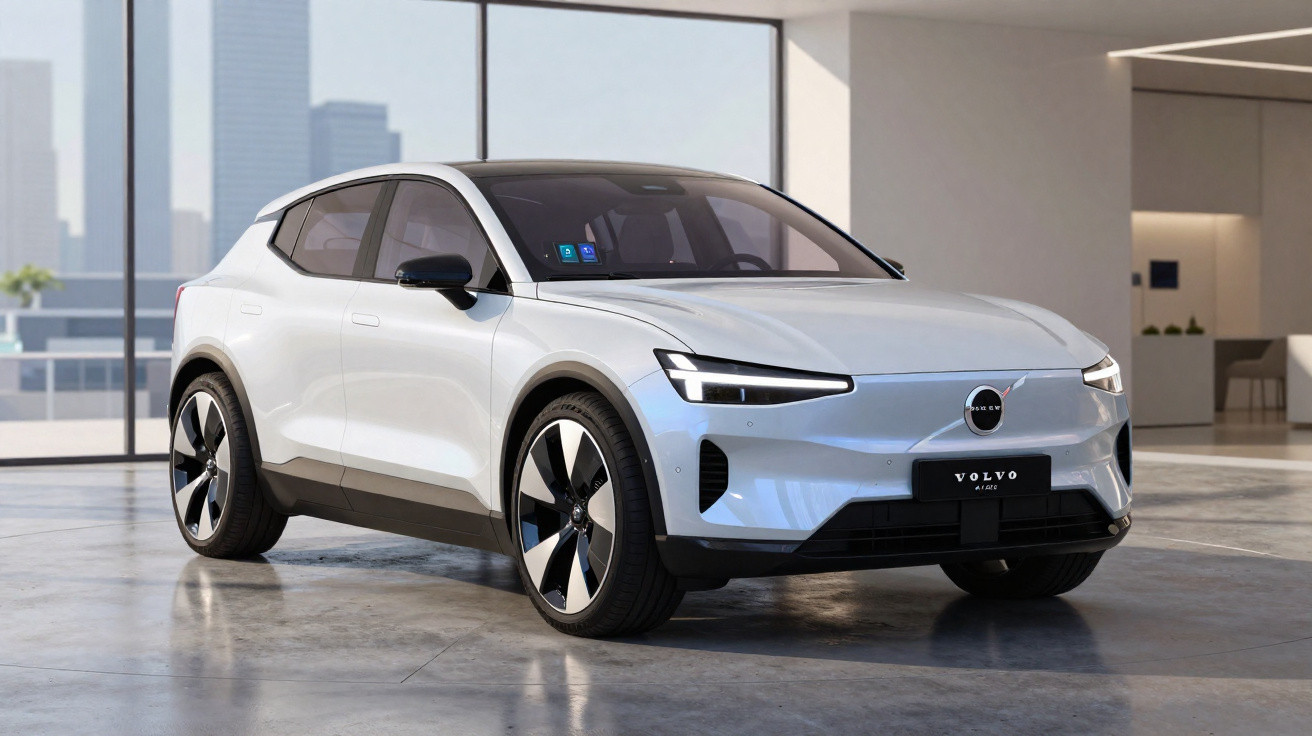 Carro elétrico Volvo branco estacionado em ambiente interno moderno com janelas amplas.