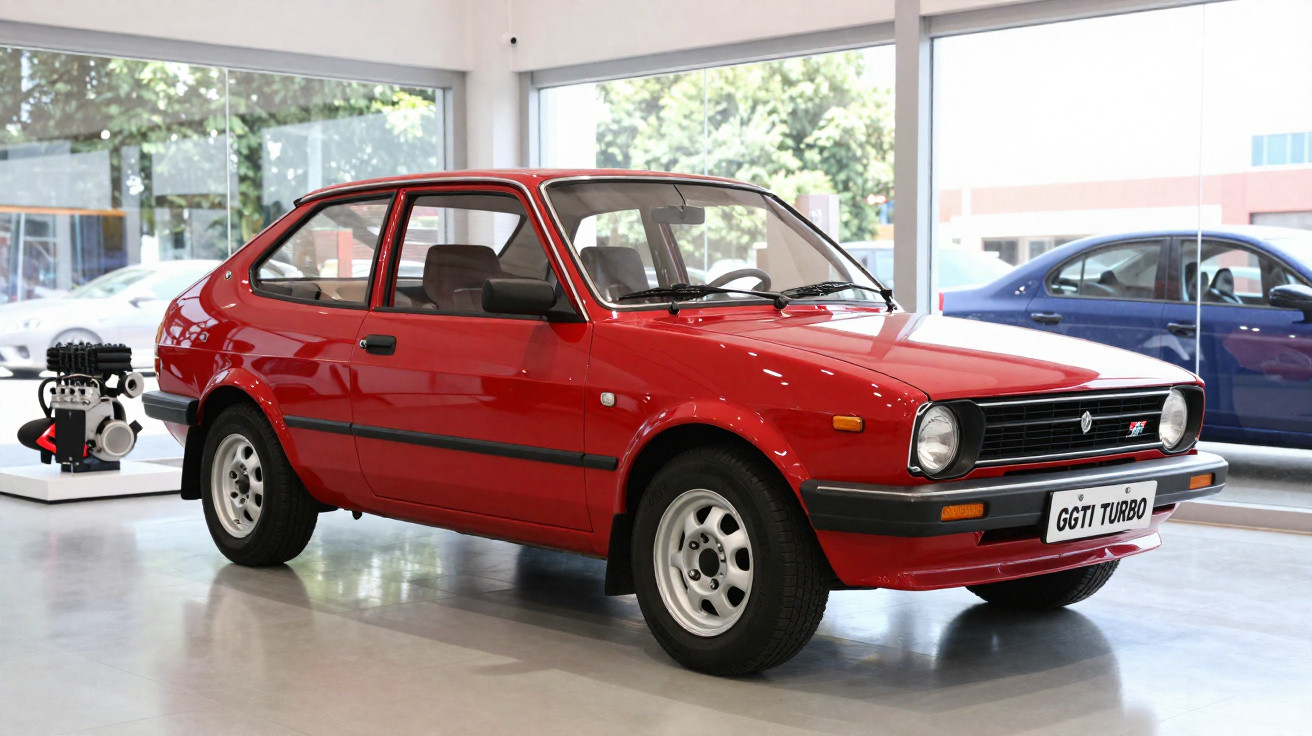 Carro esportivo vermelho clássico modelo GTI Turbo exposto em ambiente interno com vidro ao fundo.