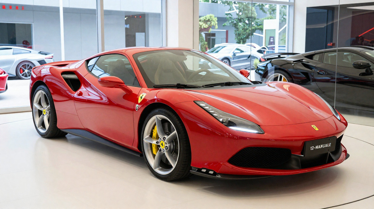 Carro esportivo vermelho Ferrari 488 GTB exibido em showroom moderno e iluminado.